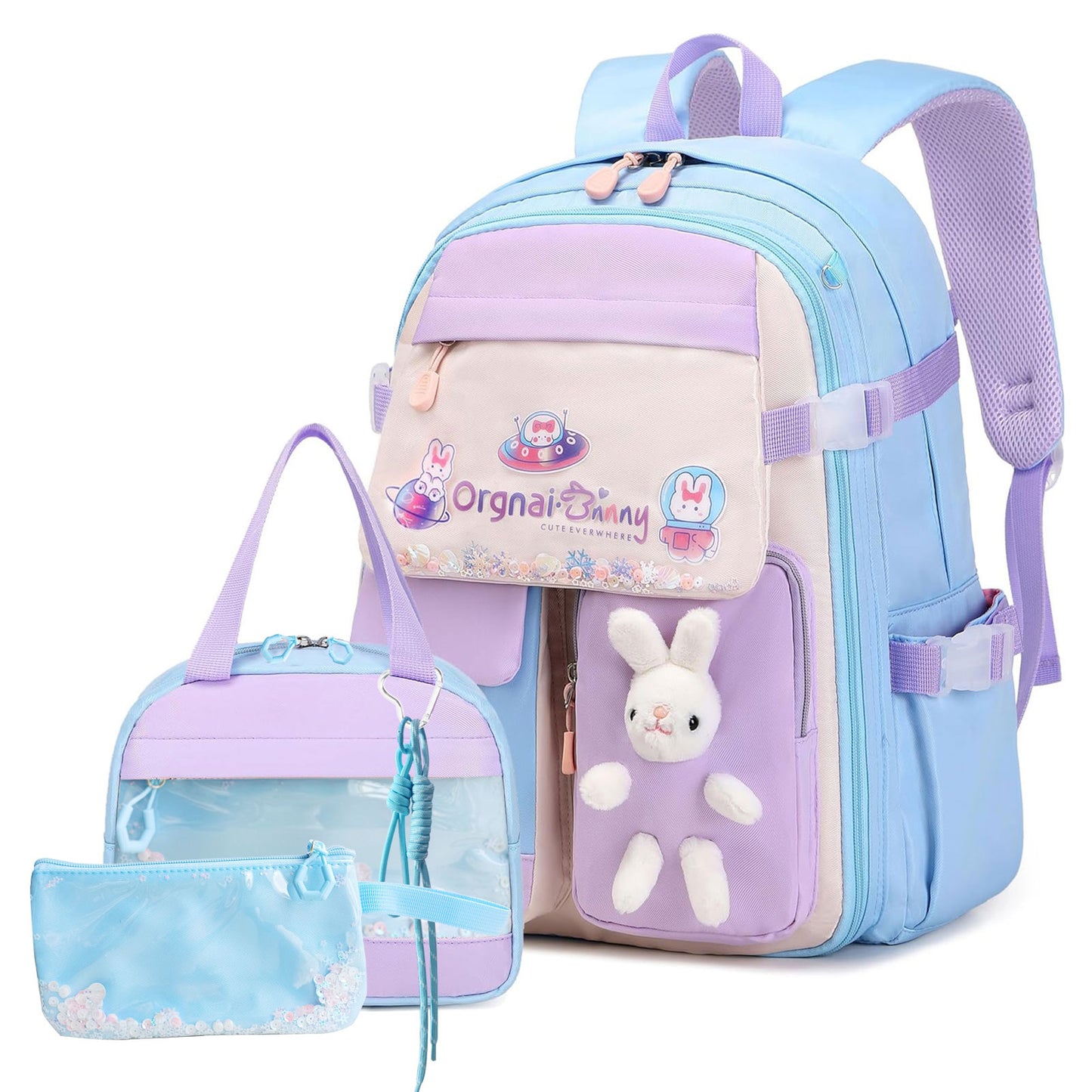 KEBEIXUAN 3-Piece Kawaii School Backpack Set for Girls – Cute Quicksand Style Bag with Lunch Bag & Pencil Case, Large Capacity