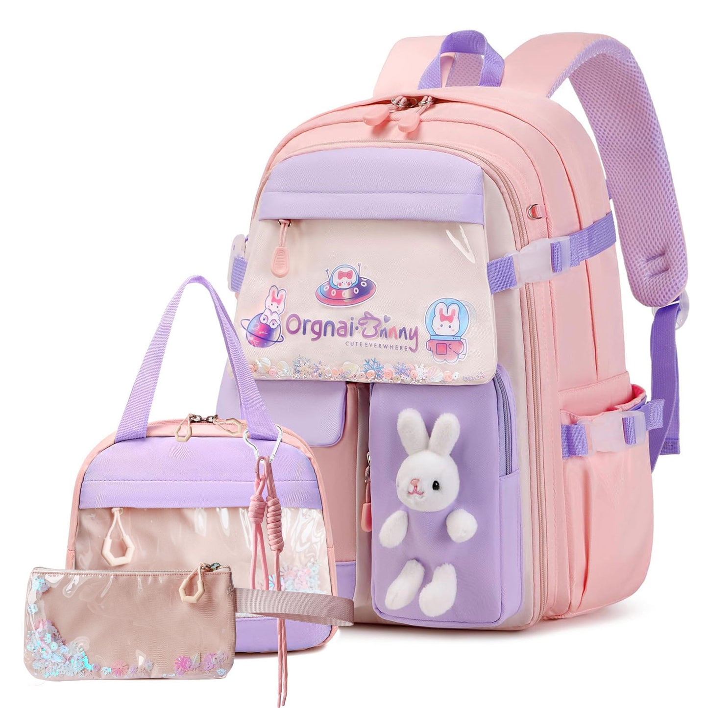 KEBEIXUAN 3-Piece Kawaii School Backpack Set for Girls – Cute Quicksand Style Bag with Lunch Bag & Pencil Case, Large Capacity