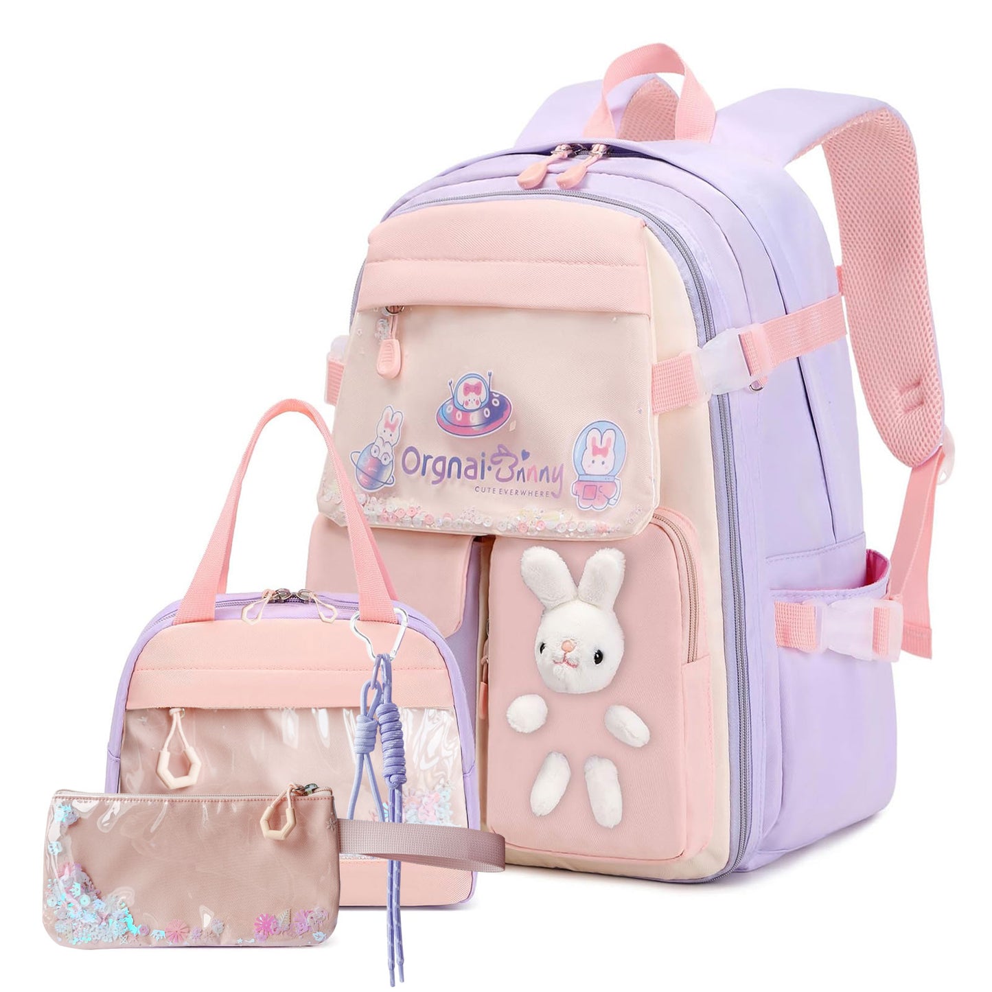 KEBEIXUAN 3-Piece Kawaii School Backpack Set for Girls – Cute Quicksand Style Bag with Lunch Bag & Pencil Case, Large Capacity