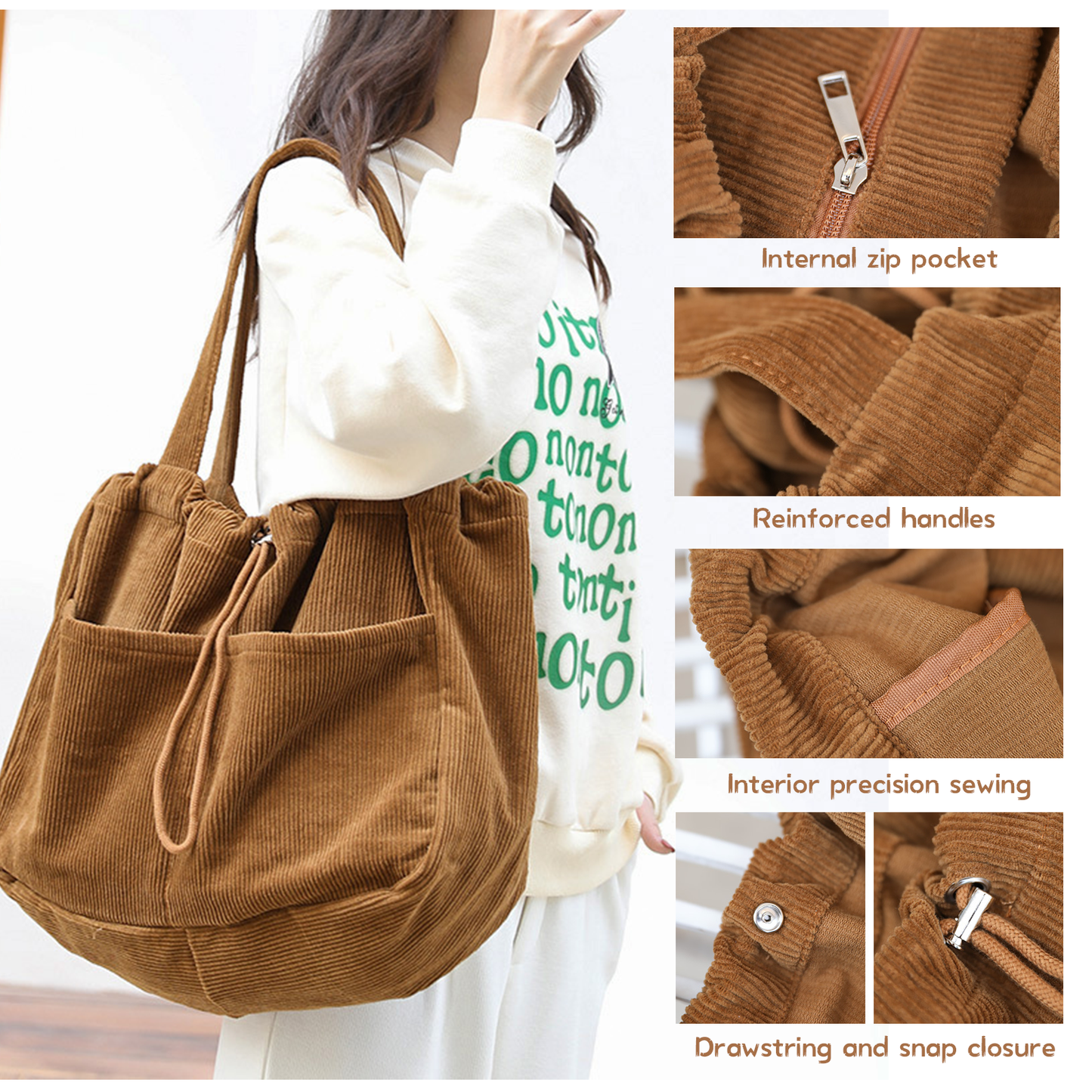 WYCY Corduroy Tote Bag for Women, Large Capacity Corduroy Bag Work Drawstring Bags with Inner Pocket Office Tote Handbag