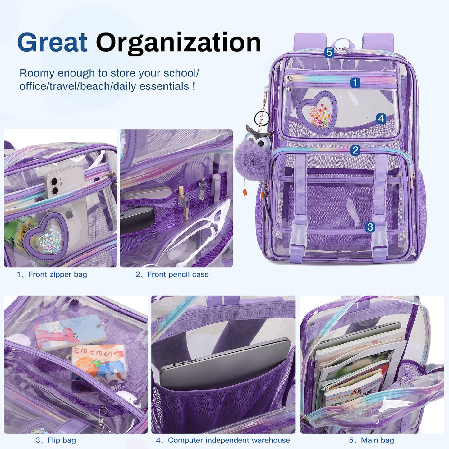 KEBEIXUAN Clear Backpack Set – Heavy-Duty Transparent Bookbag with Matching Pencil Case for Students, Teens & College | Large Purple See-Through School Bag