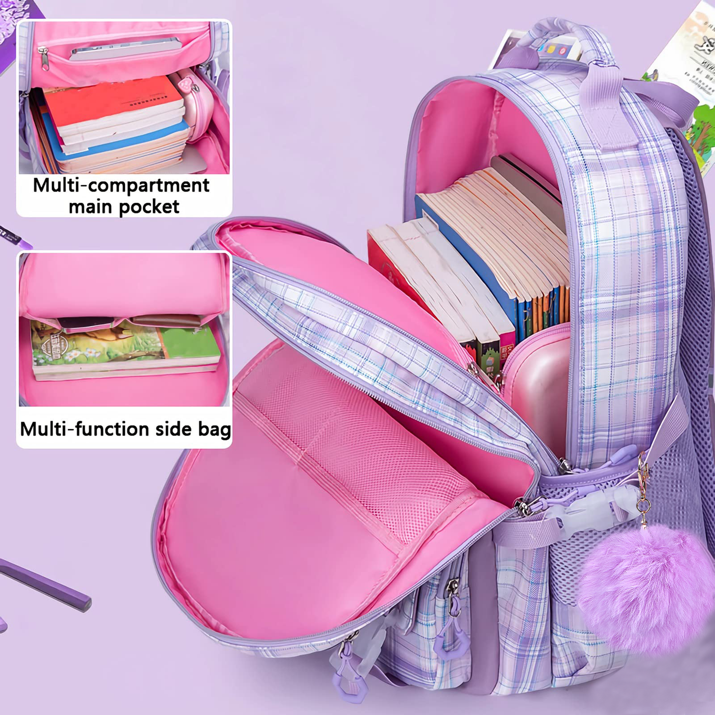 KEBEIXUAN Cute Backpack Set for Girls Age 6-12 - Large Capacity School Bookbag with Multi-Pockets + Matching Tote Bag (Pink/Purple)