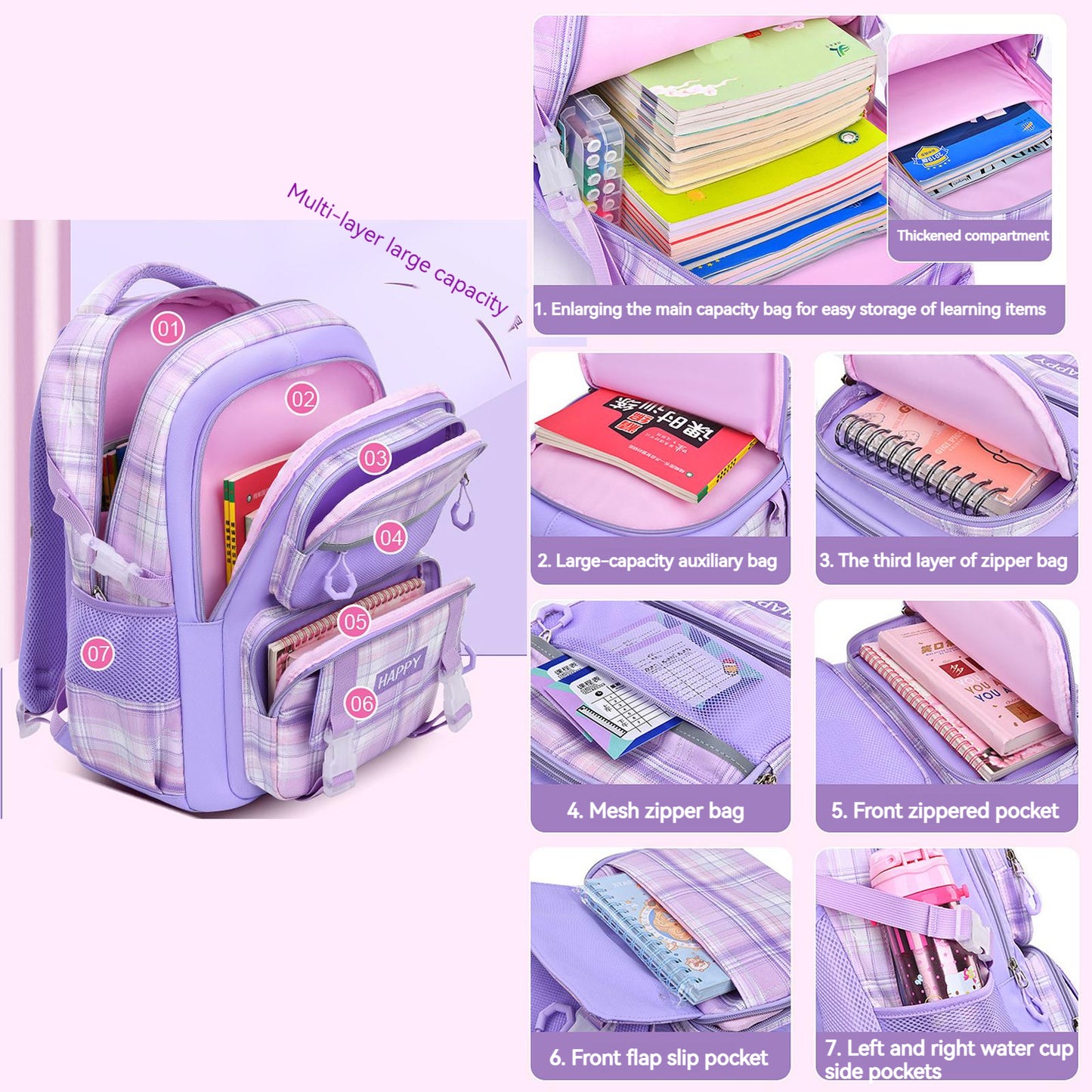 KEBEIXUAN Kids Backpack Set for Girls - Large School Bookbag with Compartments + Matching Lunch Bag & Pencil Case