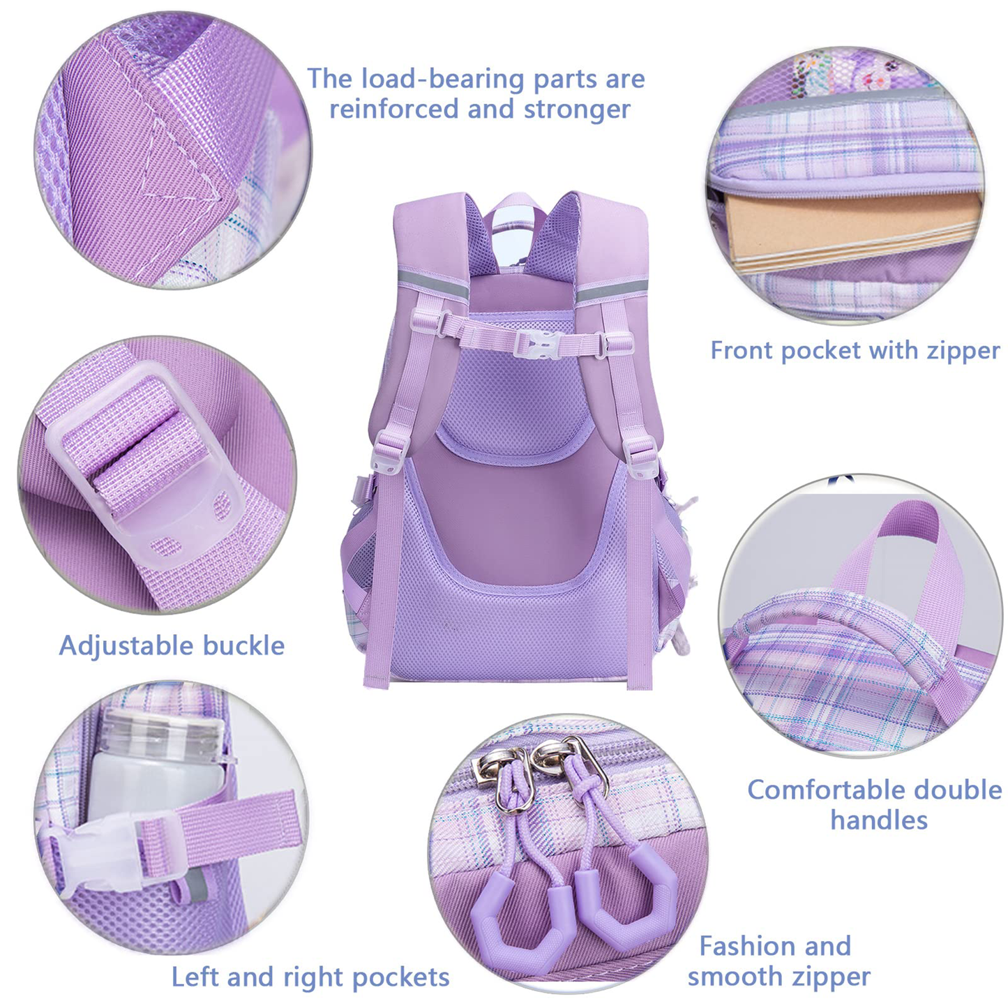 KEBEIXUAN Cute Backpack Set for Girls Age 6-12 - Large Capacity School Bookbag with Multi-Pockets + Matching Tote Bag (Pink/Purple)