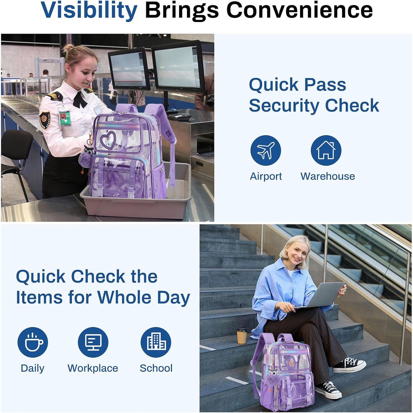 KEBEIXUAN Clear Backpack Set – Heavy-Duty Transparent Bookbag with Matching Pencil Case for Students, Teens & College | Large Purple See-Through School Bag