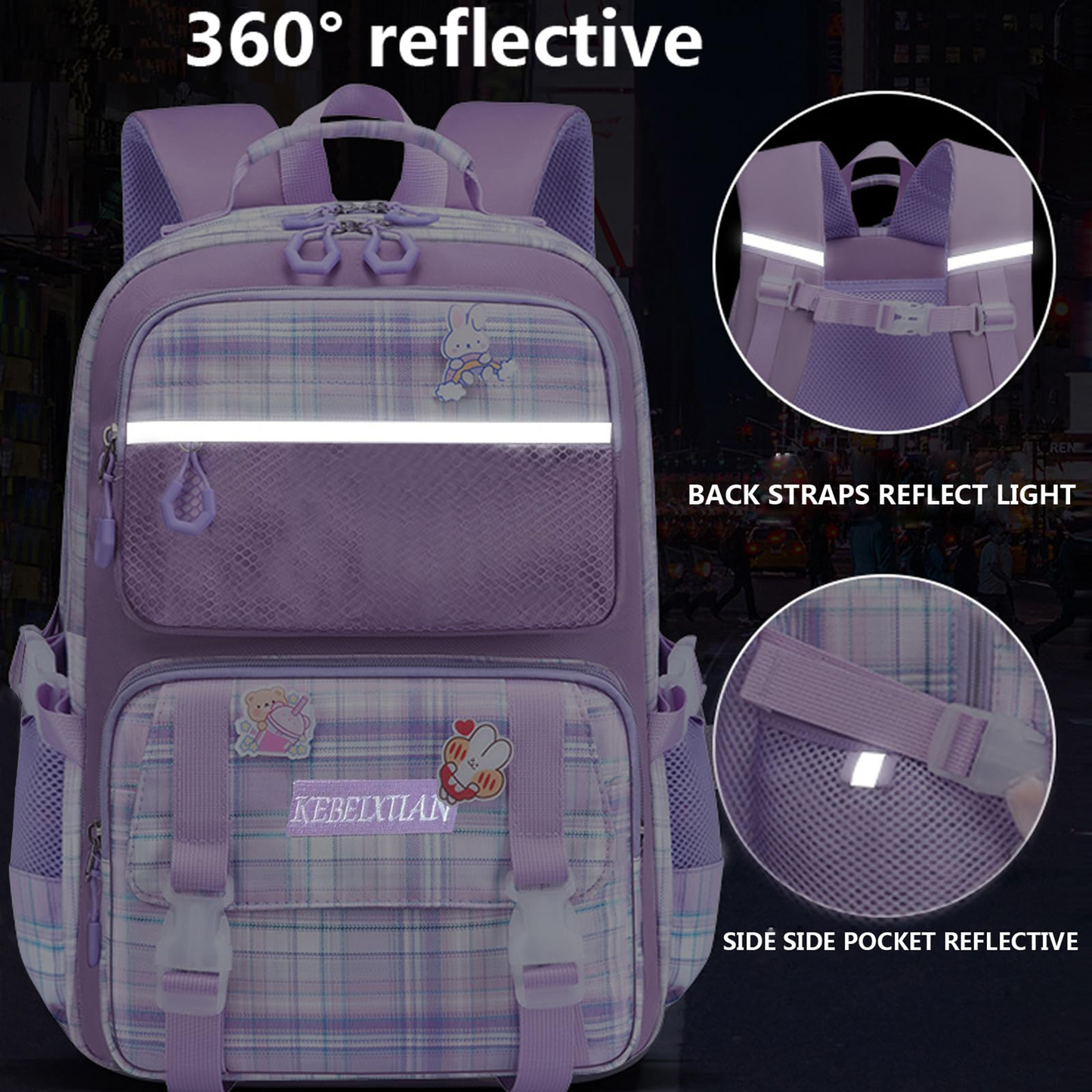KEBEIXUAN Cute Backpack Set for Girls Age 6-12 - Large Capacity School Bookbag with Multi-Pockets + Matching Tote Bag (Pink/Purple)