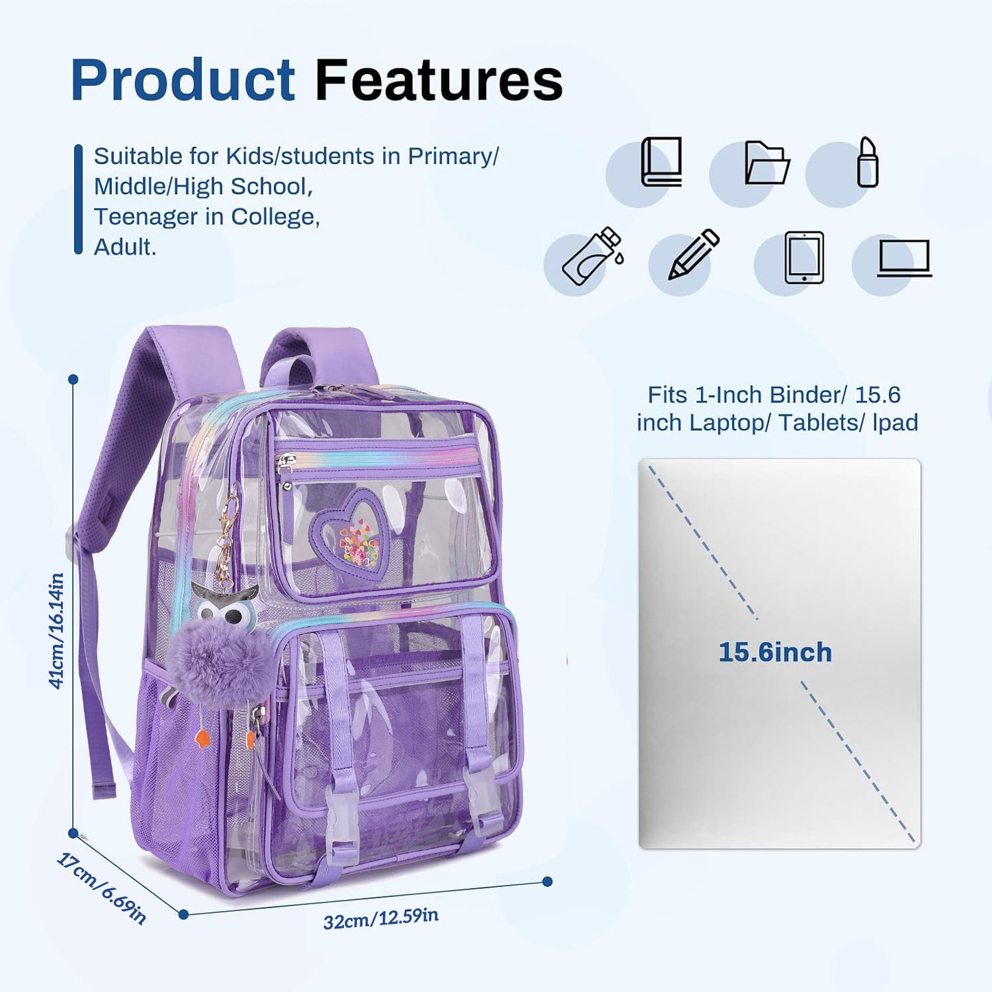 KEBEIXUAN Clear Backpack Set – Heavy-Duty Transparent Bookbag with Matching Pencil Case for Students, Teens & College | Large Purple See-Through School Bag