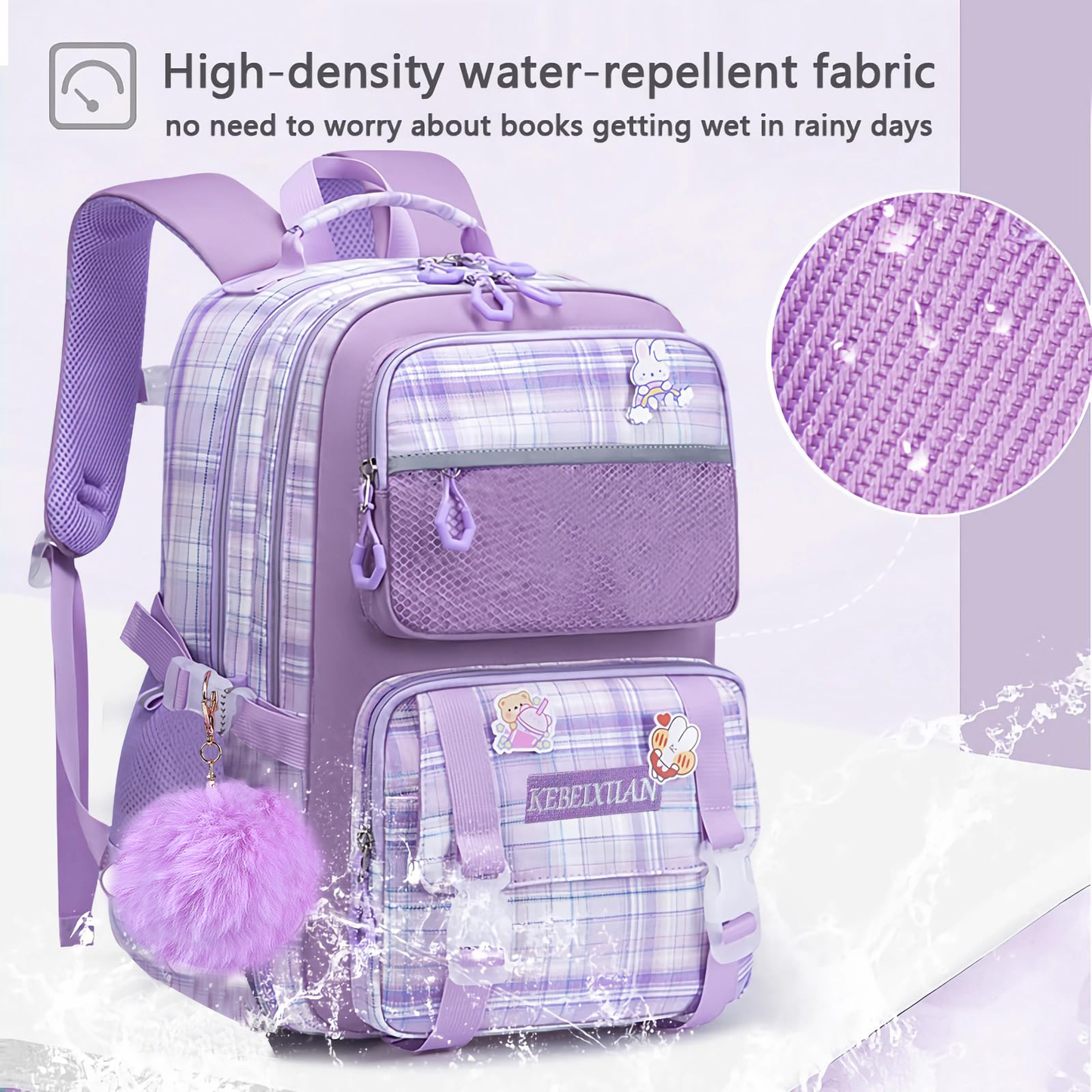 KEBEIXUAN Cute Backpack Set for Girls Age 6-12 - Large Capacity School Bookbag with Multi-Pockets + Matching Tote Bag (Pink/Purple)