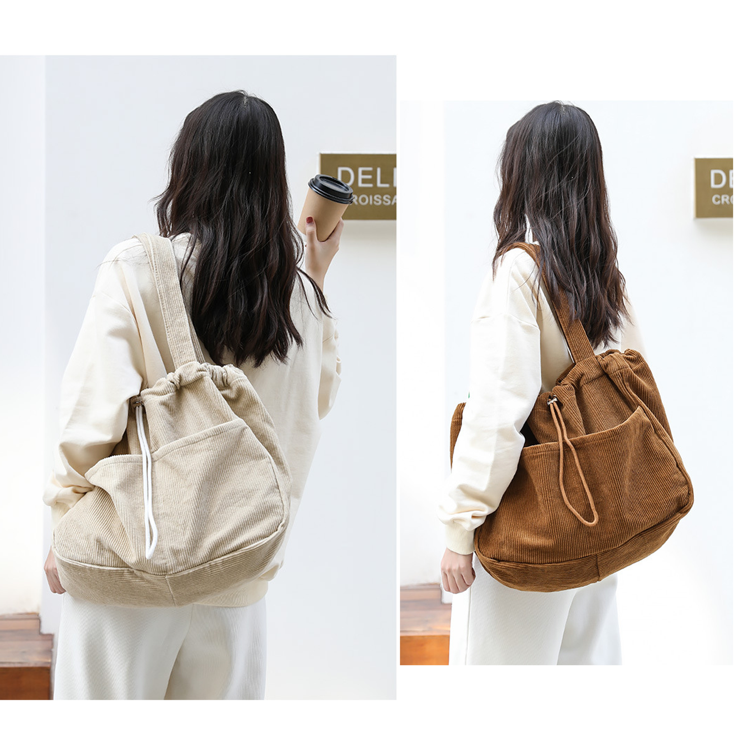 WYCY Corduroy Tote Bag for Women, Large Capacity Corduroy Bag Work Drawstring Bags with Inner Pocket Office Tote Handbag
