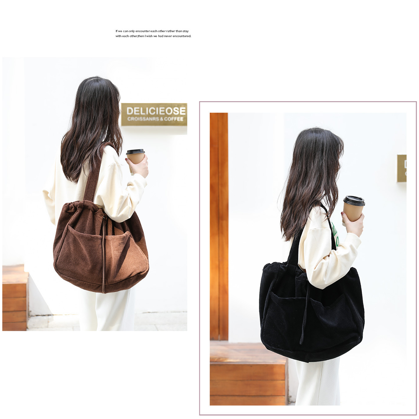 WYCY Corduroy Tote Bag for Women, Large Capacity Corduroy Bag Work Drawstring Bags with Inner Pocket Office Tote Handbag
