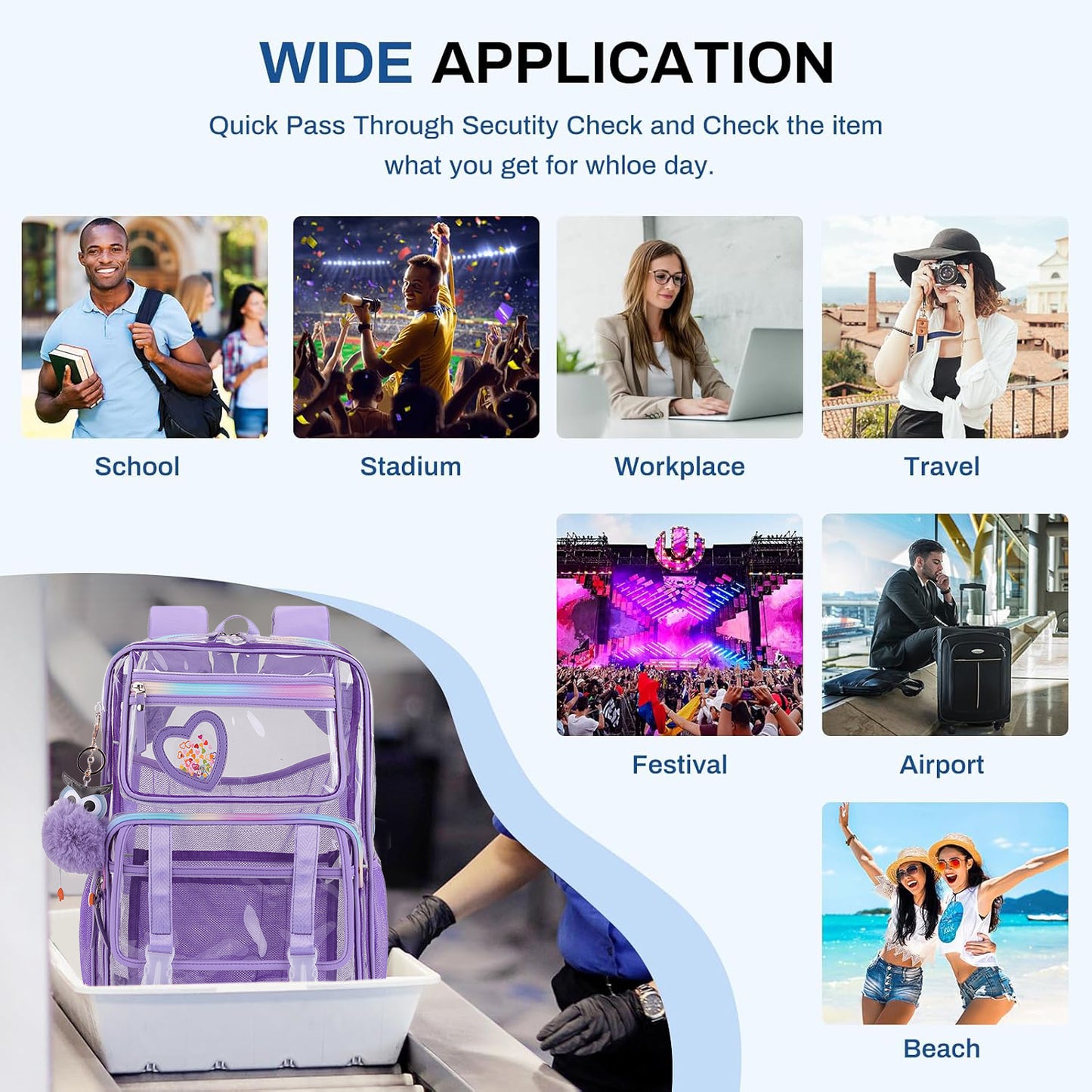 KEBEIXUAN Clear Backpack Set – Heavy-Duty Transparent Bookbag with Matching Pencil Case for Students, Teens & College | Large Purple See-Through School Bag