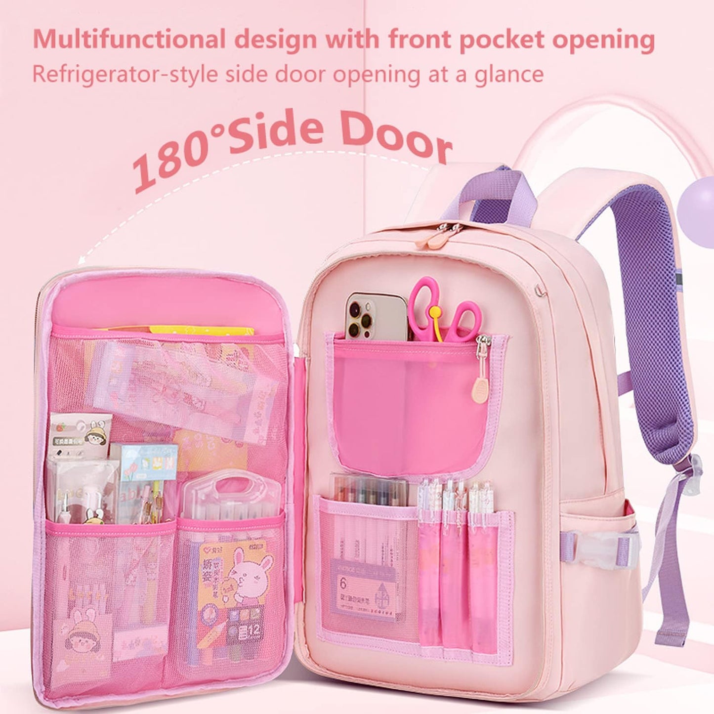 KEBEIXUAN 3-Piece Kawaii School Backpack Set for Girls – Cute Quicksand Style Bag with Lunch Bag & Pencil Case, Large Capacity