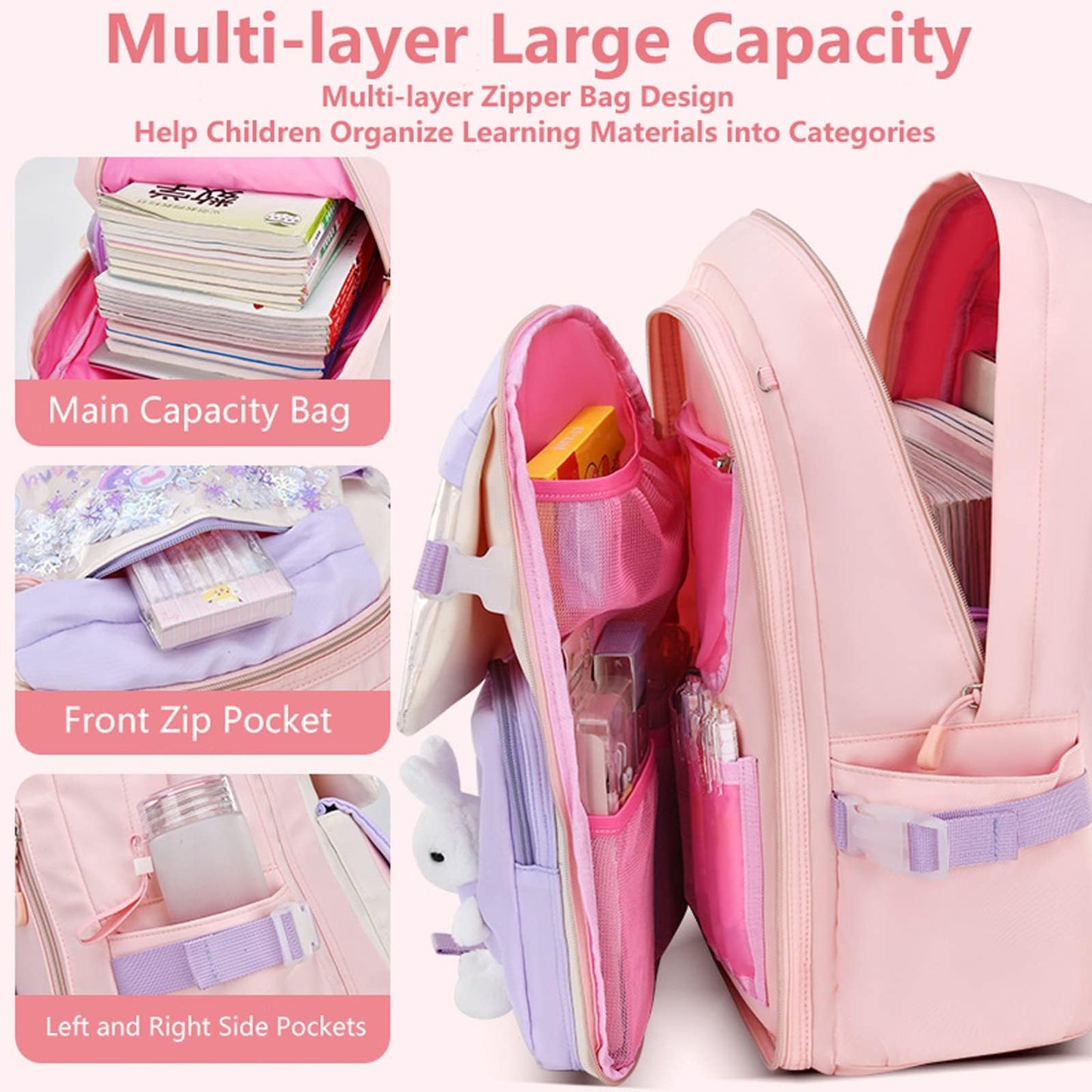 KEBEIXUAN 3-Piece Kawaii School Backpack Set for Girls – Cute Quicksand Style Bag with Lunch Bag & Pencil Case, Large Capacity