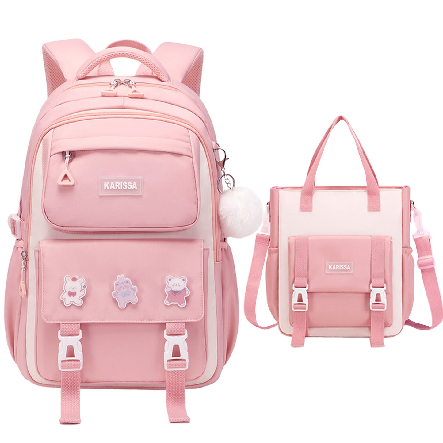 KEBEIXUAN 2pc Backpacks for Girls School Fur Balls and Badges