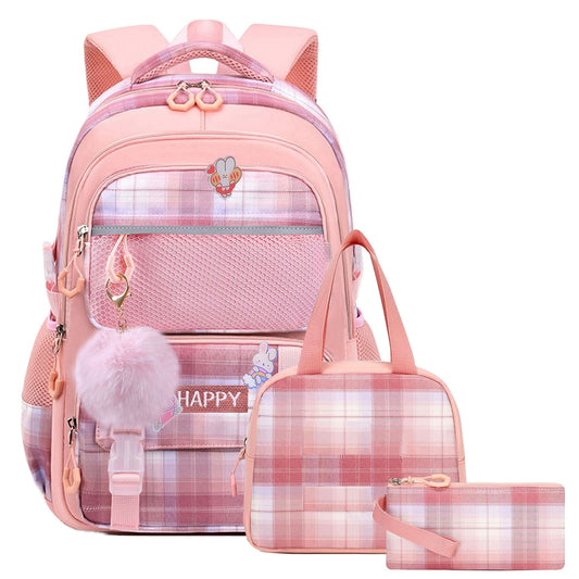 KEBEIXUAN Kids Backpack Set for Girls - Large School Bookbag with Compartments + Matching Lunch Bag & Pencil Case