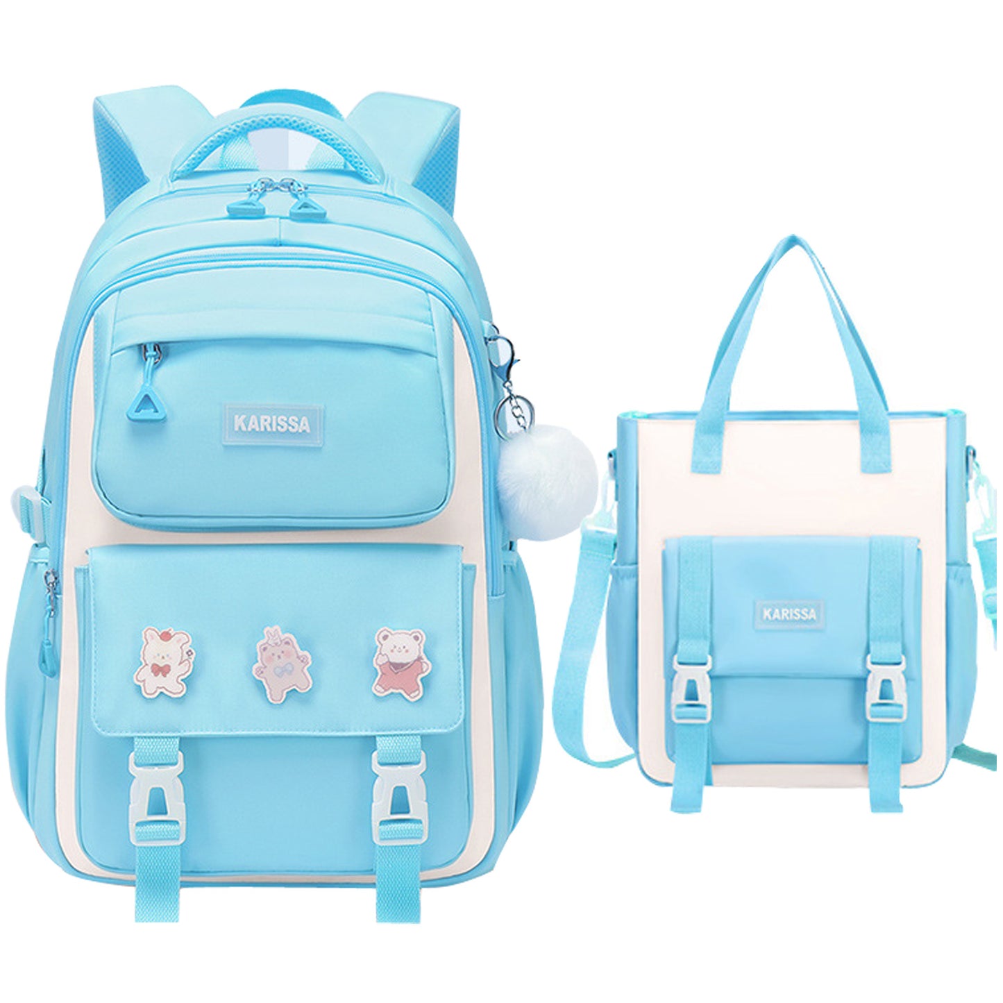 KEBEIXUAN 2pc Backpacks for Girls School Fur Balls and Badges