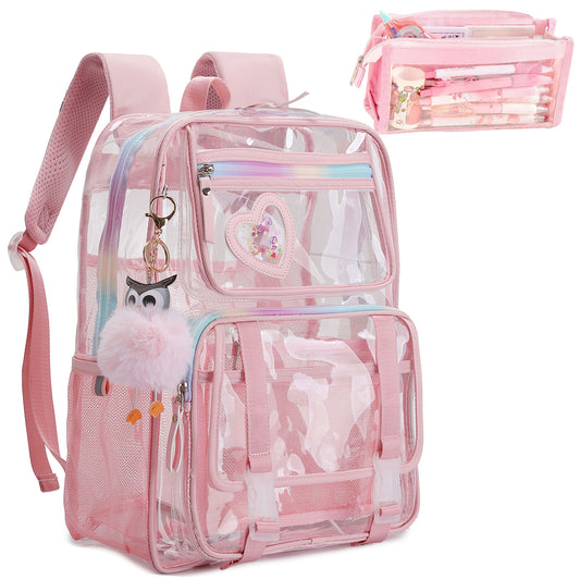 KEBEIXUAN Clear Backpack Set – Heavy-Duty Transparent Bookbag with Matching Pencil Case for Students, Teens & College | Large Purple See-Through School Bag
