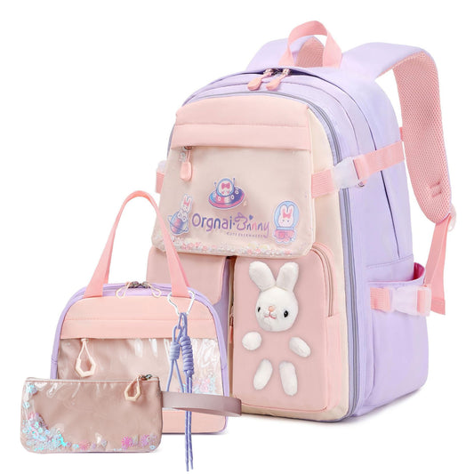 KEBEIXUAN 3-Piece Kawaii School Backpack Set for Girls – Cute Quicksand Style Bag with Lunch Bag & Pencil Case, Large Capacity