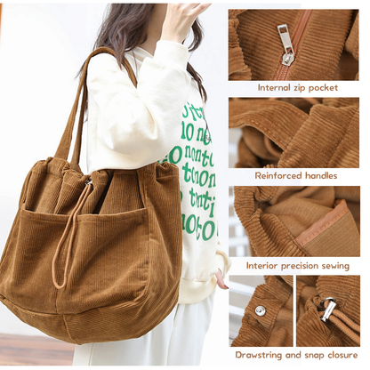 WYCY Corduroy Tote Bag for Women, Large Capacity Corduroy Bag Work Drawstring Bags with Inner Pocket Office Tote Handbag