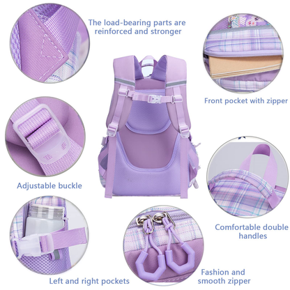 KEBEIXUAN Cute Backpack Set for Girls Age 6-12 - Large Capacity School Bookbag with Multi-Pockets + Matching Tote Bag (Pink/Purple)