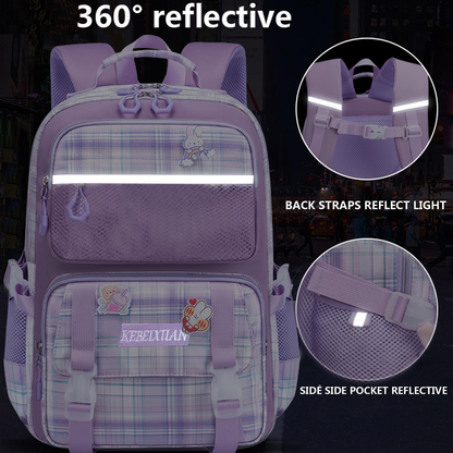 KEBEIXUAN Cute Backpack Set for Girls Age 6-12 - Large Capacity School Bookbag with Multi-Pockets + Matching Tote Bag (Pink/Purple)