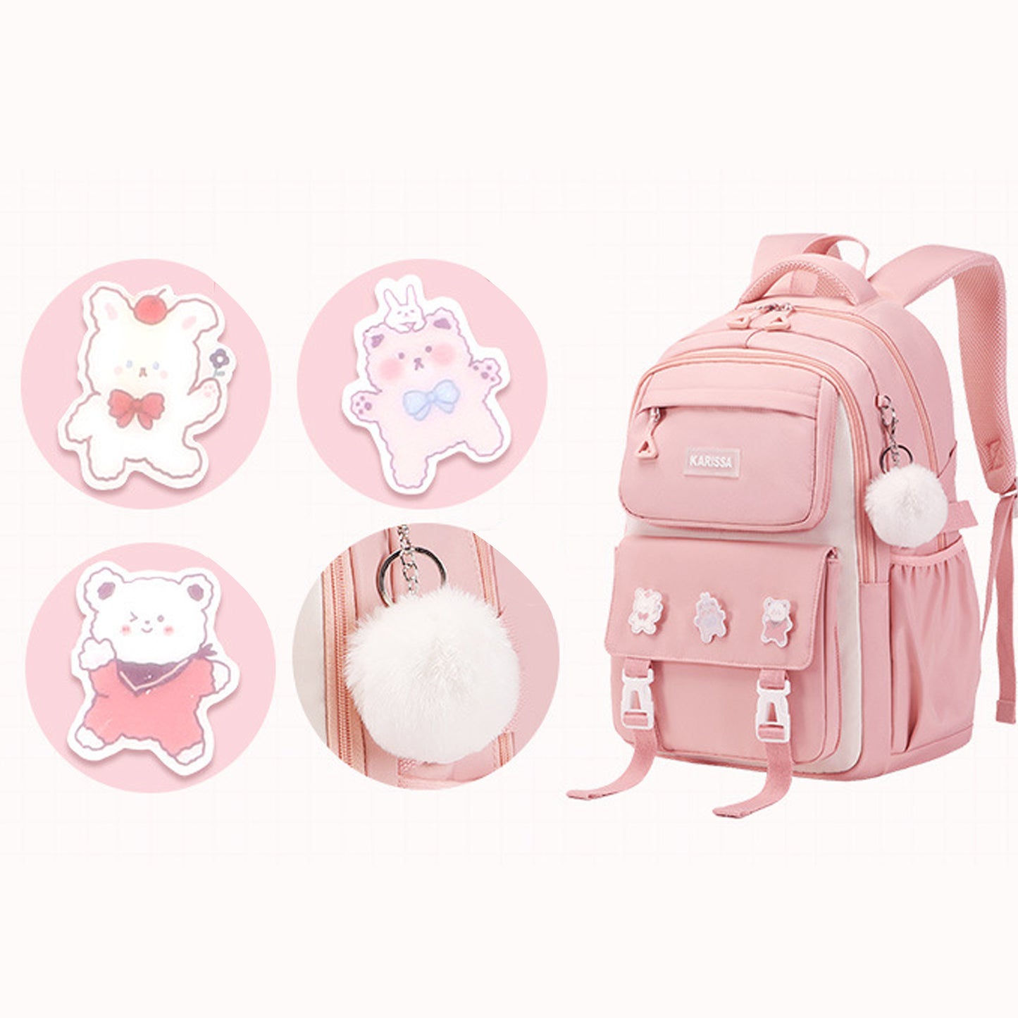 KEBEIXUAN 2pc Backpacks for Girls School Fur Balls and Badges