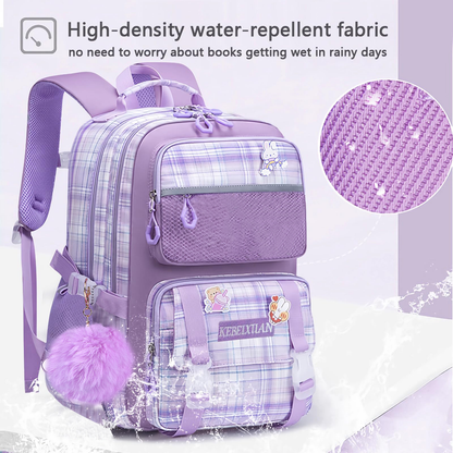 KEBEIXUAN Cute Backpack Set for Girls Age 6-12 - Large Capacity School Bookbag with Multi-Pockets + Matching Tote Bag (Pink/Purple)