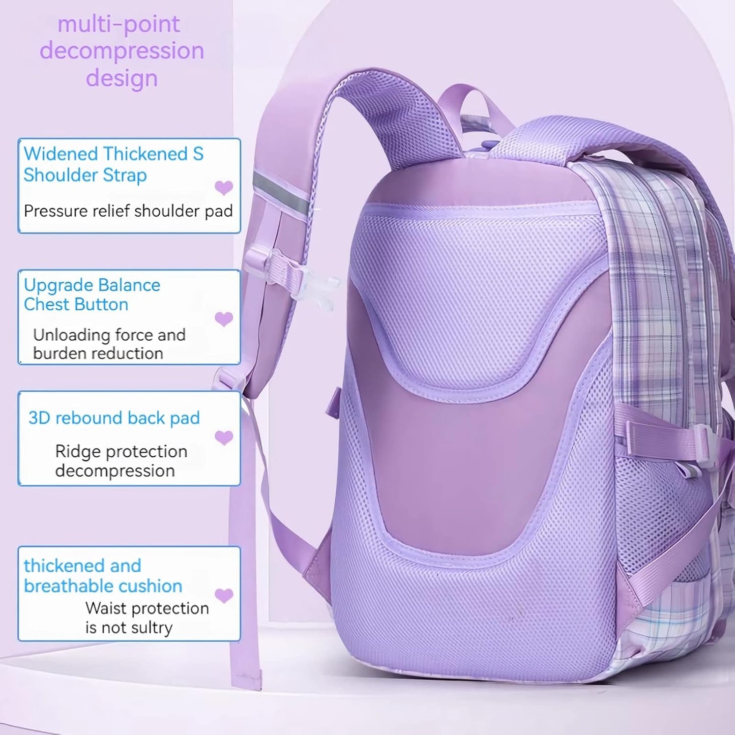 KEBEIXUAN Cute Backpack Set for Girls Age 6-12 - Large Capacity School Bookbag with Multi-Pockets + Matching Tote Bag (Pink/Purple)