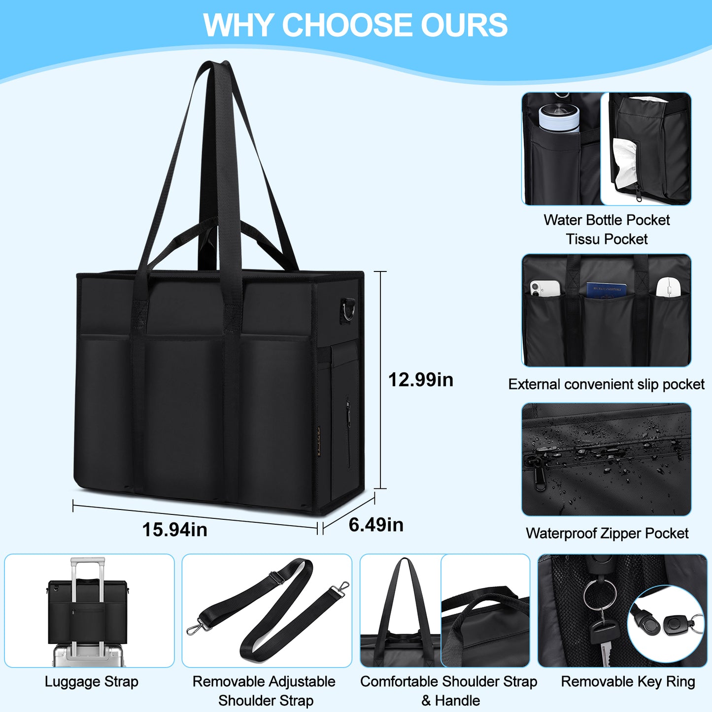 KEBEIXUAN Tote Bag for Women Work, Laptop Bag with Thick Bottom, Waterproof, 22 Pockets for Teacher, Nurse, Professionals