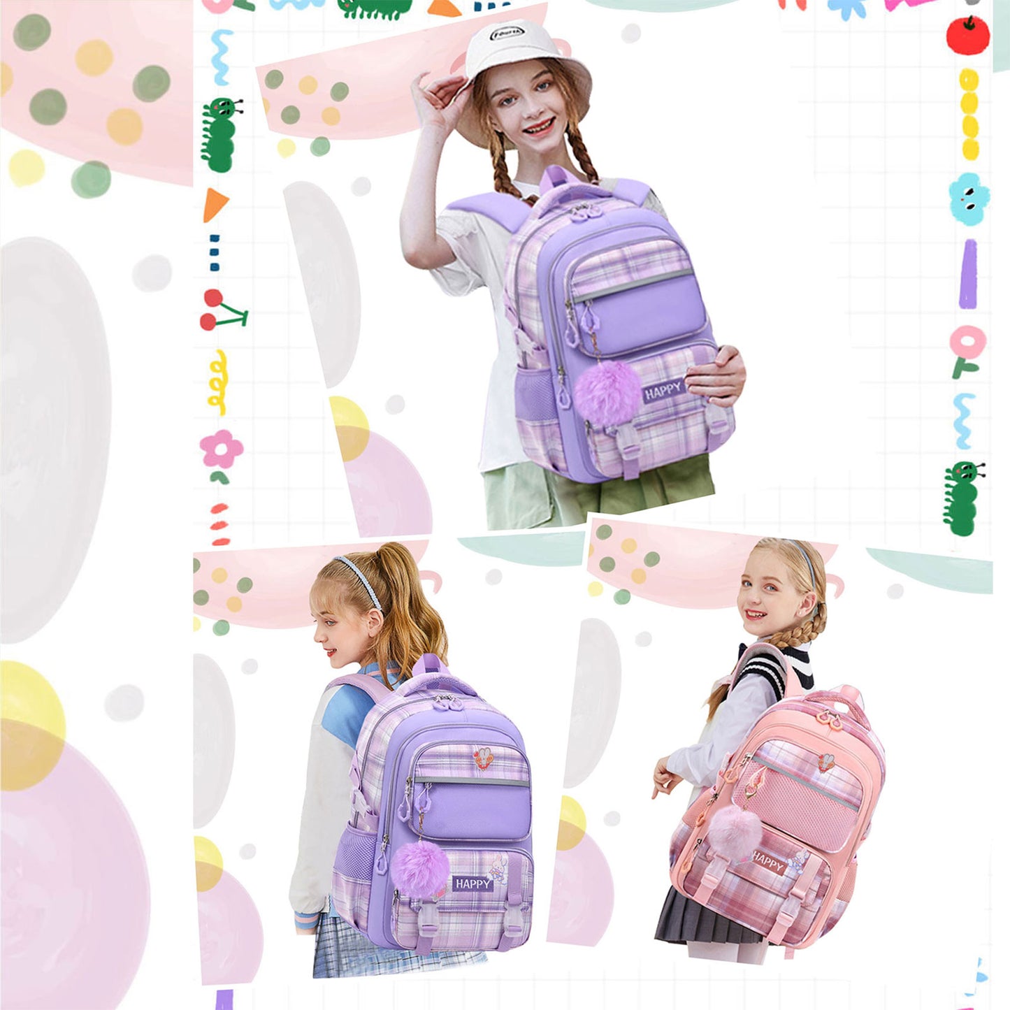 KEBEIXUAN Kids Backpack Set for Girls - Large School Bookbag with Compartments + Matching Lunch Bag & Pencil Case