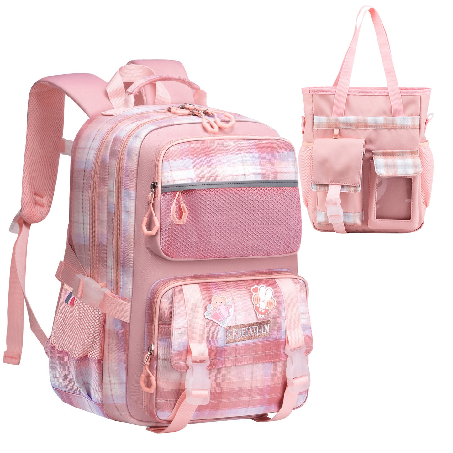 KEBEIXUAN Cute Backpack Set for Girls Age 6-12 - Large Capacity School Bookbag with Multi-Pockets + Matching Tote Bag (Pink/Purple)