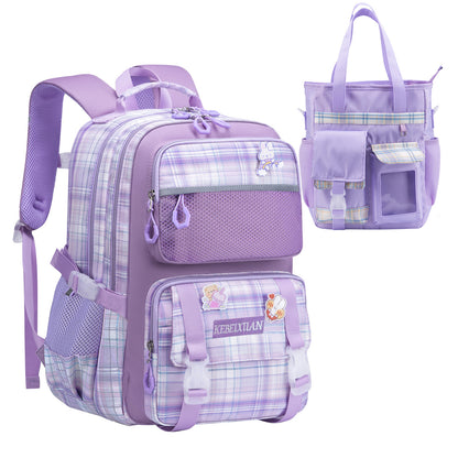 KEBEIXUAN Cute Backpack Set for Girls Age 6-12 - Large Capacity School Bookbag with Multi-Pockets + Matching Tote Bag (Pink/Purple)
